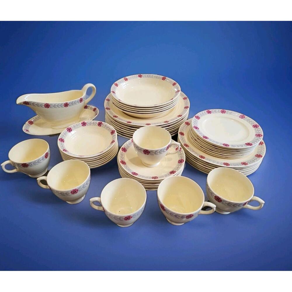 New Hall Hanley Staffordshire Dining Set - Gold With Pink Flowers